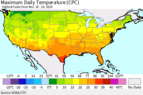 United States Maximum Daily Temperature (CPC) Thematic Map For 11/18/2024 - 11/24/2024