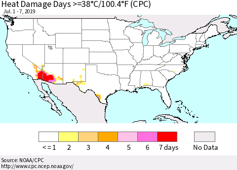 United States Heat Damage Days >=38°C/100°F (CPC) Thematic Map For 7/1/2019 - 7/7/2019