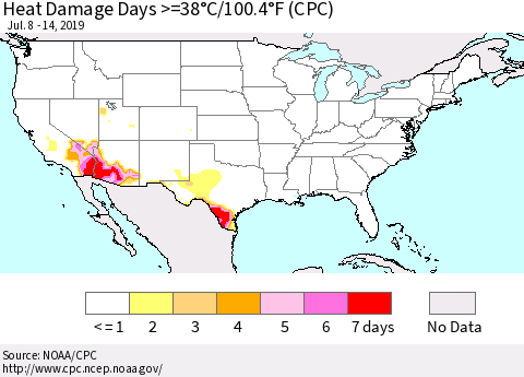 United States Heat Damage Days >=38°C/100°F (CPC) Thematic Map For 7/8/2019 - 7/14/2019
