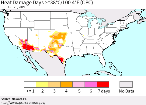 United States Heat Damage Days >=38°C/100°F (CPC) Thematic Map For 7/15/2019 - 7/21/2019