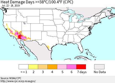 United States Heat Damage Days >=38°C/100°F (CPC) Thematic Map For 7/22/2019 - 7/28/2019