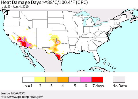 United States Heat Damage Days >=38°C/100°F (CPC) Thematic Map For 7/29/2019 - 8/4/2019