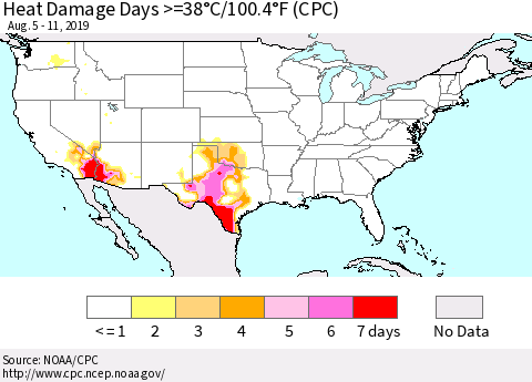 United States Heat Damage Days >=38°C/100°F (CPC) Thematic Map For 8/5/2019 - 8/11/2019