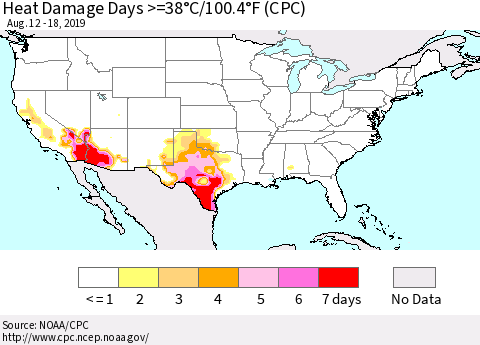 United States Heat Damage Days >=38°C/100°F (CPC) Thematic Map For 8/12/2019 - 8/18/2019