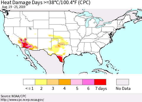 United States Heat Damage Days >=38°C/100°F (CPC) Thematic Map For 8/19/2019 - 8/25/2019