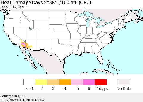 United States Heat Damage Days >=38°C/100°F (CPC) Thematic Map For 9/9/2019 - 9/15/2019