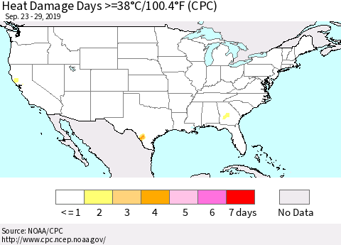 United States Heat Damage Days >=38°C/100°F (CPC) Thematic Map For 9/23/2019 - 9/29/2019