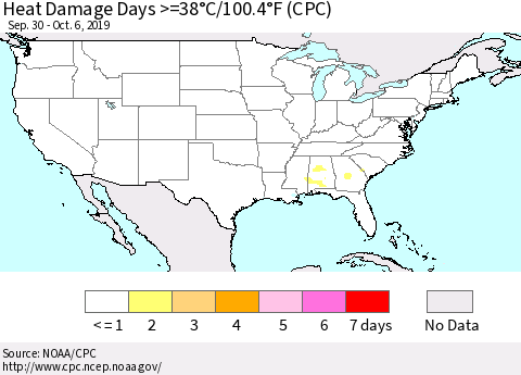 United States Heat Damage Days >=38°C/100°F (CPC) Thematic Map For 9/30/2019 - 10/6/2019