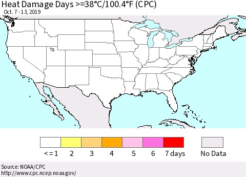 United States Heat Damage Days >=38°C/100°F (CPC) Thematic Map For 10/7/2019 - 10/13/2019