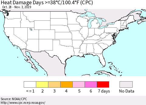 United States Heat Damage Days >=38°C/100°F (CPC) Thematic Map For 10/28/2019 - 11/3/2019