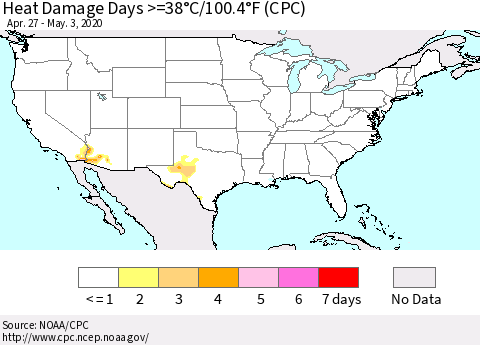 United States Heat Damage Days >=38°C/100°F (CPC) Thematic Map For 4/27/2020 - 5/3/2020