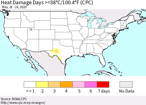 United States Heat Damage Days >=38°C/100°F (CPC) Thematic Map For 5/18/2020 - 5/24/2020