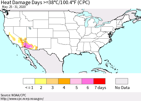 United States Heat Damage Days >=38°C/100°F (CPC) Thematic Map For 5/25/2020 - 5/31/2020