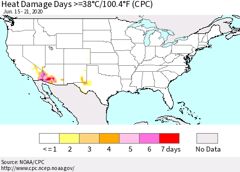 United States Heat Damage Days >=38°C/100°F (CPC) Thematic Map For 6/15/2020 - 6/21/2020