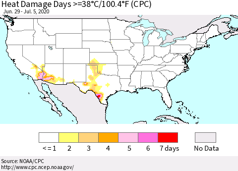 United States Heat Damage Days >=38°C/100°F (CPC) Thematic Map For 6/29/2020 - 7/5/2020