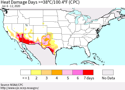 United States Heat Damage Days >=38°C/100°F (CPC) Thematic Map For 7/6/2020 - 7/12/2020