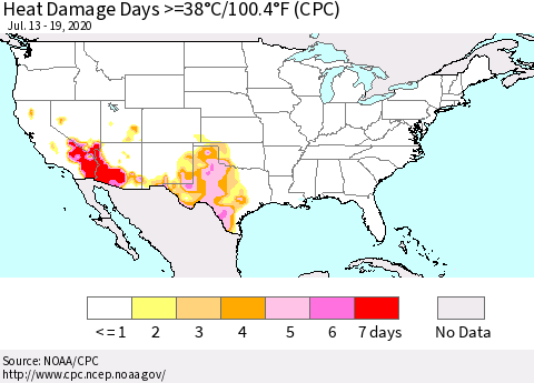 United States Heat Damage Days >=38°C/100°F (CPC) Thematic Map For 7/13/2020 - 7/19/2020