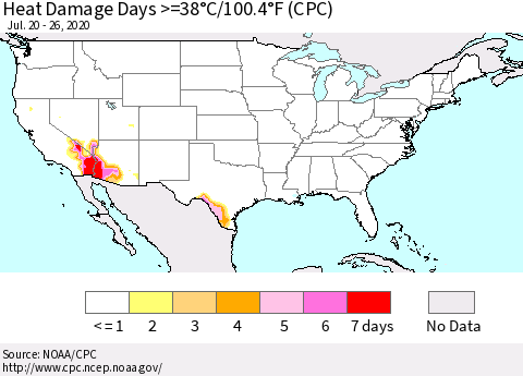 United States Heat Damage Days >=38°C/100°F (CPC) Thematic Map For 7/20/2020 - 7/26/2020