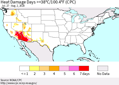 United States Heat Damage Days >=38°C/100°F (CPC) Thematic Map For 7/27/2020 - 8/2/2020