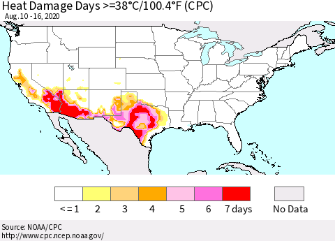 United States Heat Damage Days >=38°C/100°F (CPC) Thematic Map For 8/10/2020 - 8/16/2020