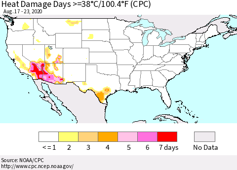 United States Heat Damage Days >=38°C/100°F (CPC) Thematic Map For 8/17/2020 - 8/23/2020