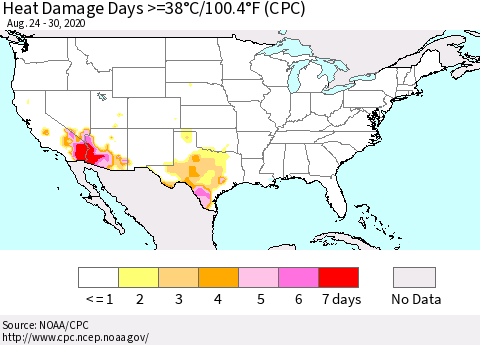 United States Heat Damage Days >=38°C/100°F (CPC) Thematic Map For 8/24/2020 - 8/30/2020