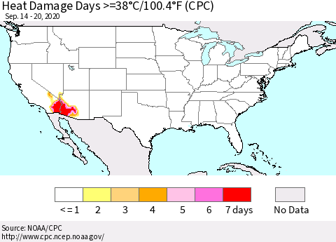 United States Heat Damage Days >=38°C/100°F (CPC) Thematic Map For 9/14/2020 - 9/20/2020