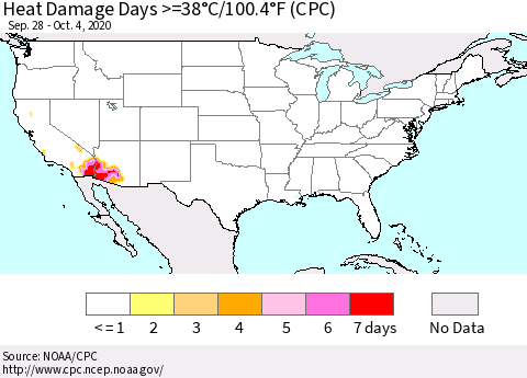 United States Heat Damage Days >=38°C/100°F (CPC) Thematic Map For 9/28/2020 - 10/4/2020