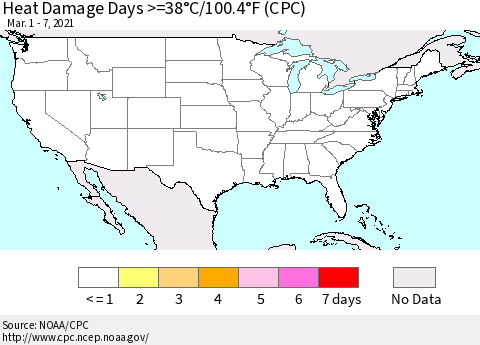 United States Heat Damage Days >=38°C/100°F (CPC) Thematic Map For 3/1/2021 - 3/7/2021