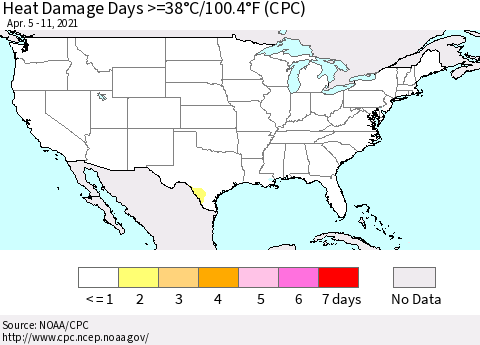 United States Heat Damage Days >=38°C/100°F (CPC) Thematic Map For 4/5/2021 - 4/11/2021