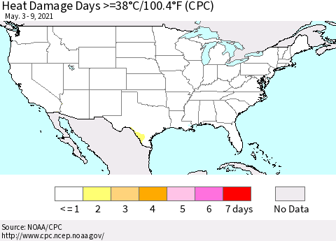 United States Heat Damage Days >=38°C/100.4°F (CPC) Thematic Map For 5/3/2021 - 5/9/2021