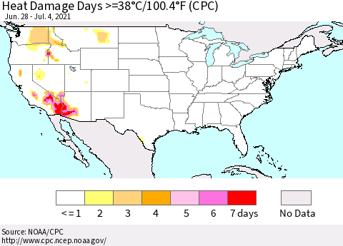 United States Heat Damage Days >=38°C/100°F (CPC) Thematic Map For 6/28/2021 - 7/4/2021