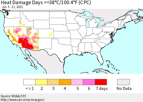 United States Heat Damage Days >=38°C/100°F (CPC) Thematic Map For 7/5/2021 - 7/11/2021