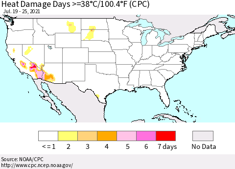 United States Heat Damage Days >=38°C/100°F (CPC) Thematic Map For 7/19/2021 - 7/25/2021