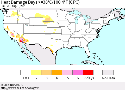 United States Heat Damage Days >=38°C/100°F (CPC) Thematic Map For 7/26/2021 - 8/1/2021
