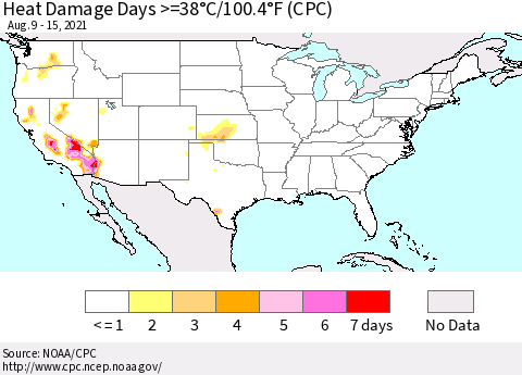 United States Heat Damage Days >=38°C/100°F (CPC) Thematic Map For 8/9/2021 - 8/15/2021