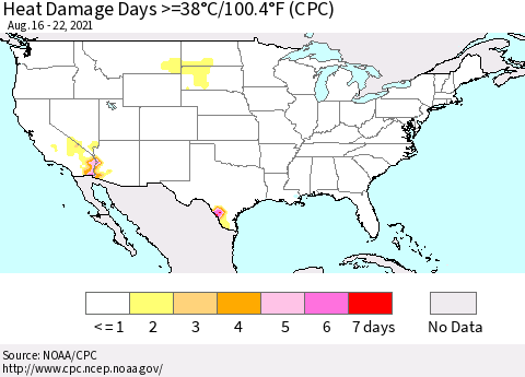 United States Heat Damage Days >=38°C/100°F (CPC) Thematic Map For 8/16/2021 - 8/22/2021