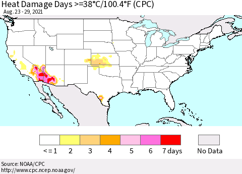 United States Heat Damage Days >=38°C/100°F (CPC) Thematic Map For 8/23/2021 - 8/29/2021