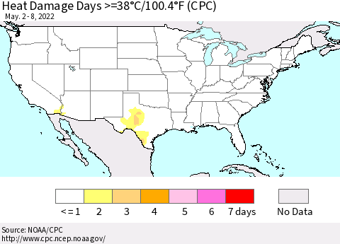 United States Heat Damage Days >=38°C/100°F (CPC) Thematic Map For 5/2/2022 - 5/8/2022