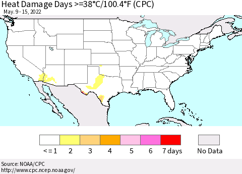 United States Heat Damage Days >=38°C/100°F (CPC) Thematic Map For 5/9/2022 - 5/15/2022