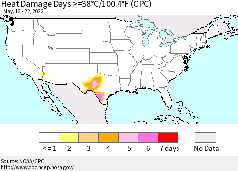 United States Heat Damage Days >=38°C/100.4°F (CPC) Thematic Map For 5/16/2022 - 5/22/2022