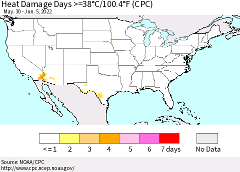 United States Heat Damage Days >=38°C/100.4°F (CPC) Thematic Map For 5/30/2022 - 6/5/2022