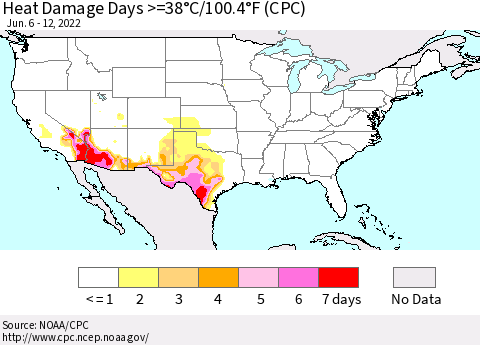 United States Heat Damage Days >=38°C/100°F (CPC) Thematic Map For 6/6/2022 - 6/12/2022