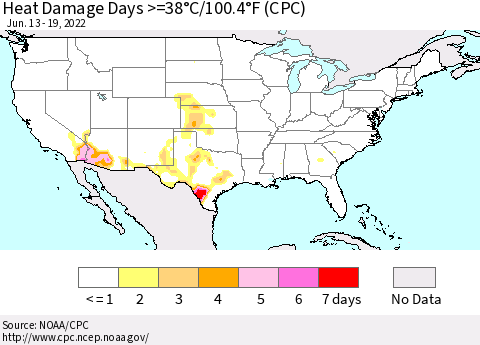 United States Heat Damage Days >=38°C/100.4°F (CPC) Thematic Map For 6/13/2022 - 6/19/2022