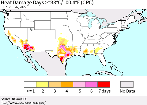 United States Heat Damage Days >=38°C/100°F (CPC) Thematic Map For 6/20/2022 - 6/26/2022