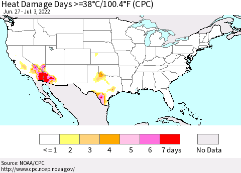 United States Heat Damage Days >=38°C/100°F (CPC) Thematic Map For 6/27/2022 - 7/3/2022
