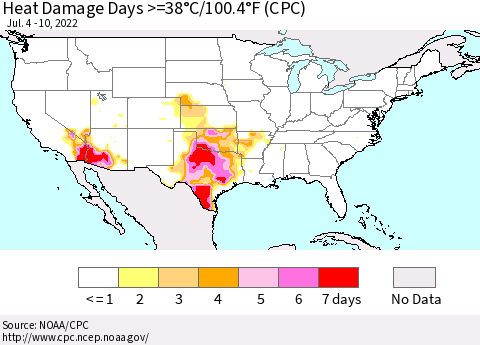 United States Heat Damage Days >=38°C/100.4°F (CPC) Thematic Map For 7/4/2022 - 7/10/2022