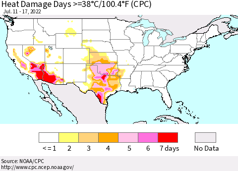 United States Heat Damage Days >=38°C/100°F (CPC) Thematic Map For 7/11/2022 - 7/17/2022