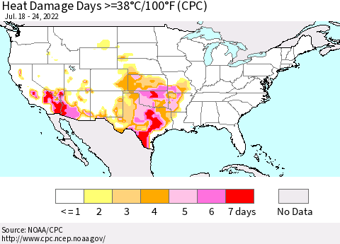 United States Heat Damage Days >=38°C/100°F (CPC) Thematic Map For 7/18/2022 - 7/24/2022