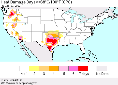 United States Heat Damage Days >=38°C/100.4°F (CPC) Thematic Map For 7/25/2022 - 7/31/2022